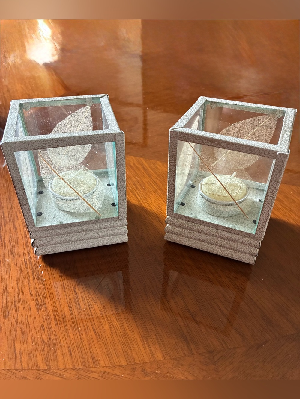 Silver Glass Tealight Holders with Decorative Leaf Accent